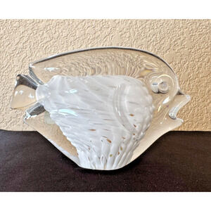 Marcolin Art Lead Crystal Fish Paperweight 6" Clear White Gold Fleck Made Italy